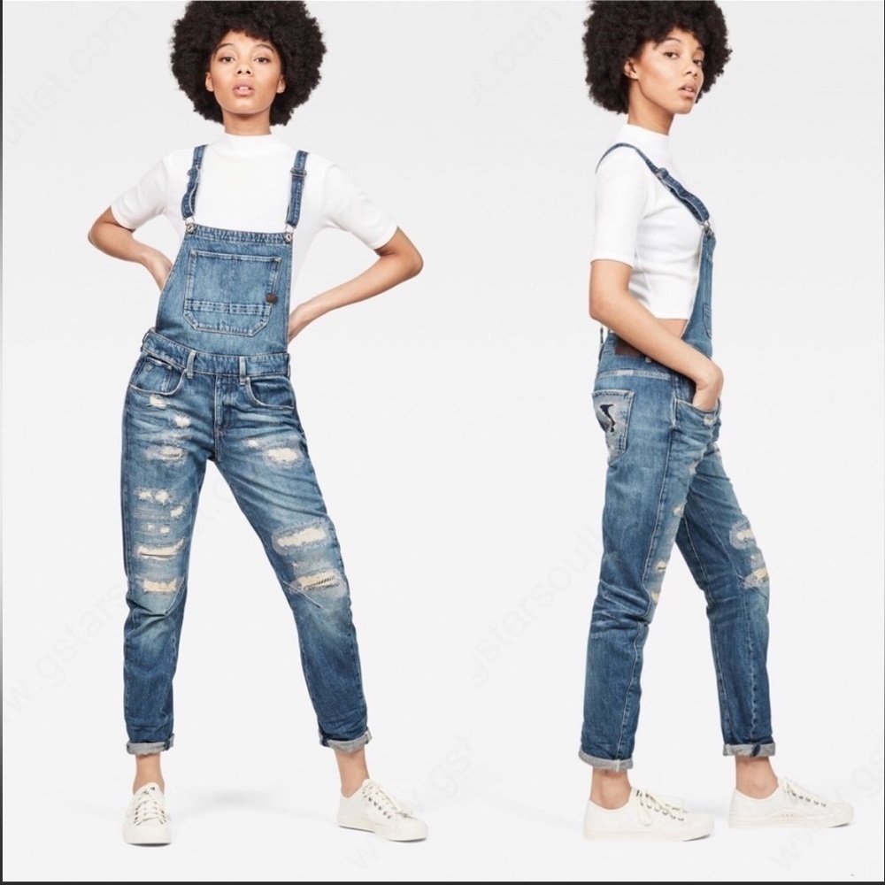 G-Star Distress Skinny Patch Work Overall Jumpsuit Denim